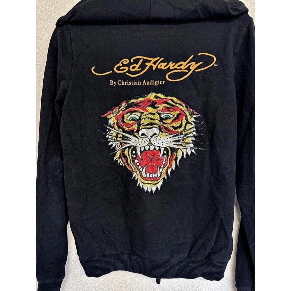 VTG Y2K Ed Hardy Christian Audigier Rhinestone Tiger Full Zip Hoodie Black Med